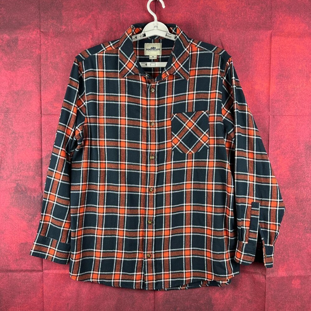 NORTHEAST OUTFITTERS MEN'S PLAID BUTTON DOWN FLANEL SHIRT SIZE XL BLACK ORANGE